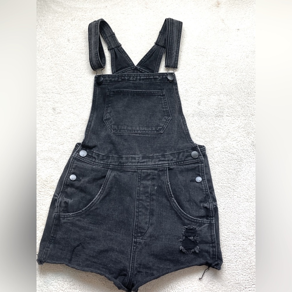 Utility black denim short overall.